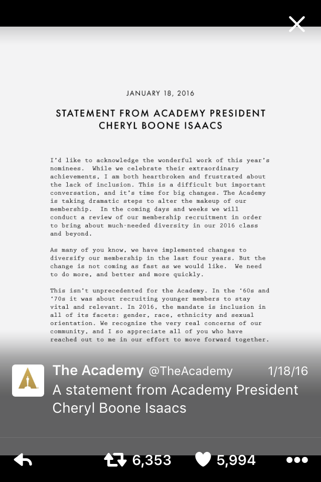 Academy President Statement via Twitter
